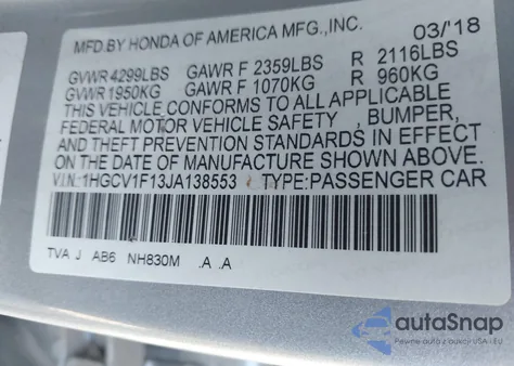 2018 Honda Accord Lx из США, поврежденный, VIN 1HGCV1F13JA138553